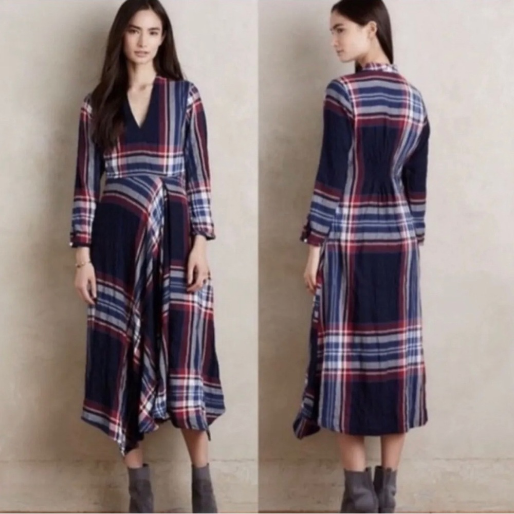 Anthropologie Isabella Sinclair Tartan Print Surplice Long Sleeves Midi Dress XS